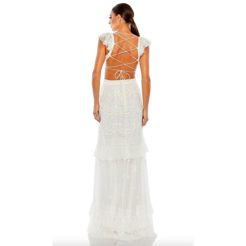 MAC DUGGAL Dress Size 4 Evening Gown White NEW Tiered Ruffle Cap Sleeve Cut Out - Picture 2 of 9
